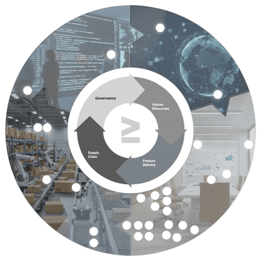WSMI service-management model connecting governance, human resources, supply chain, and product delivery